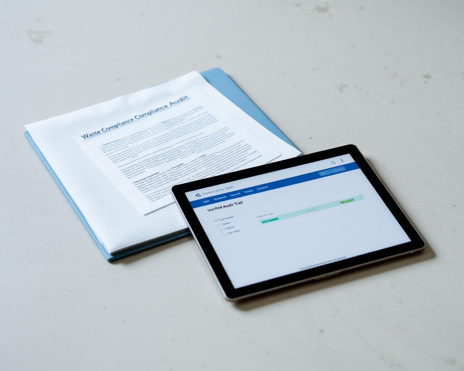 Waste compliance audit papers beside a tablet showing an audit trail