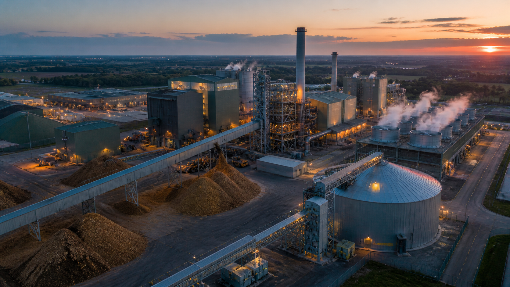 Processing plant at dusk with stockpiled material and a storage silo