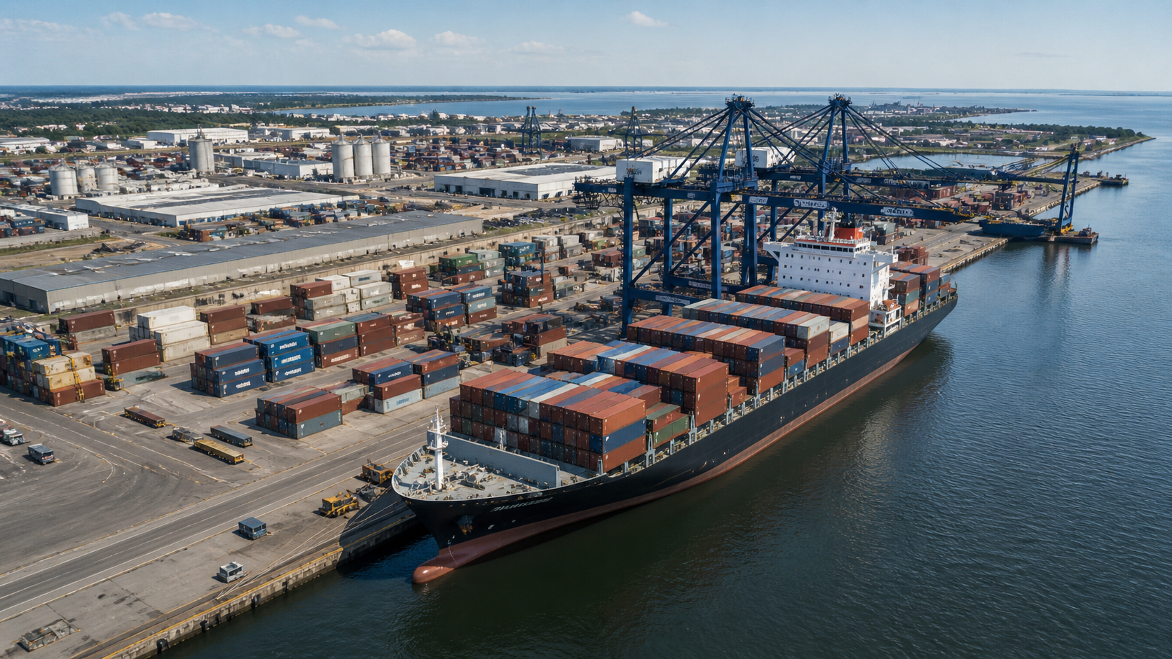 Container ship berthed under gantry cranes at a port terminal