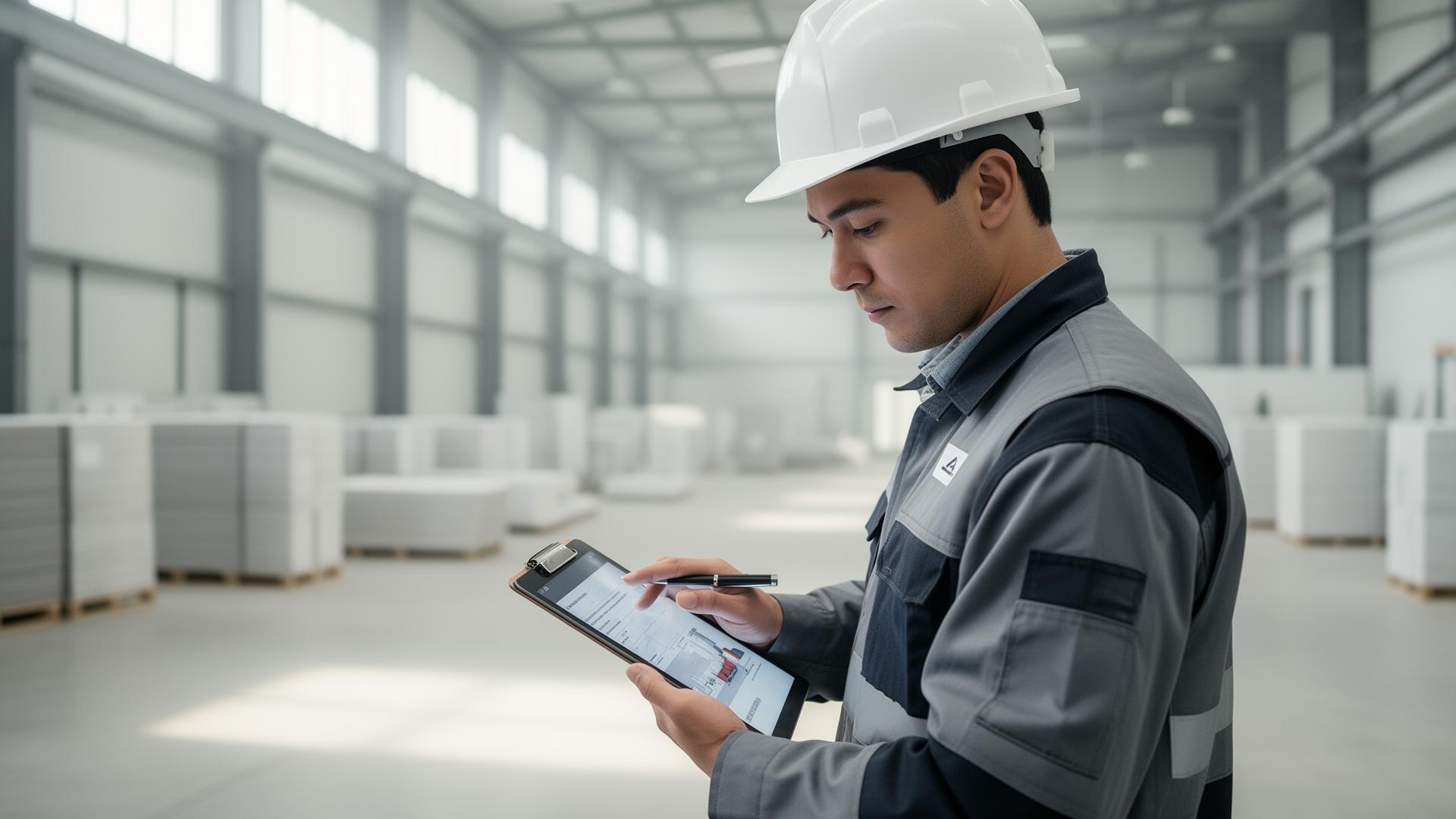 Inspector in a hard hat recording stock on a tablet in a warehouse
